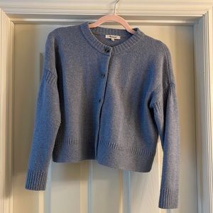 Clemence cropped cardigan sweater in heather blue.